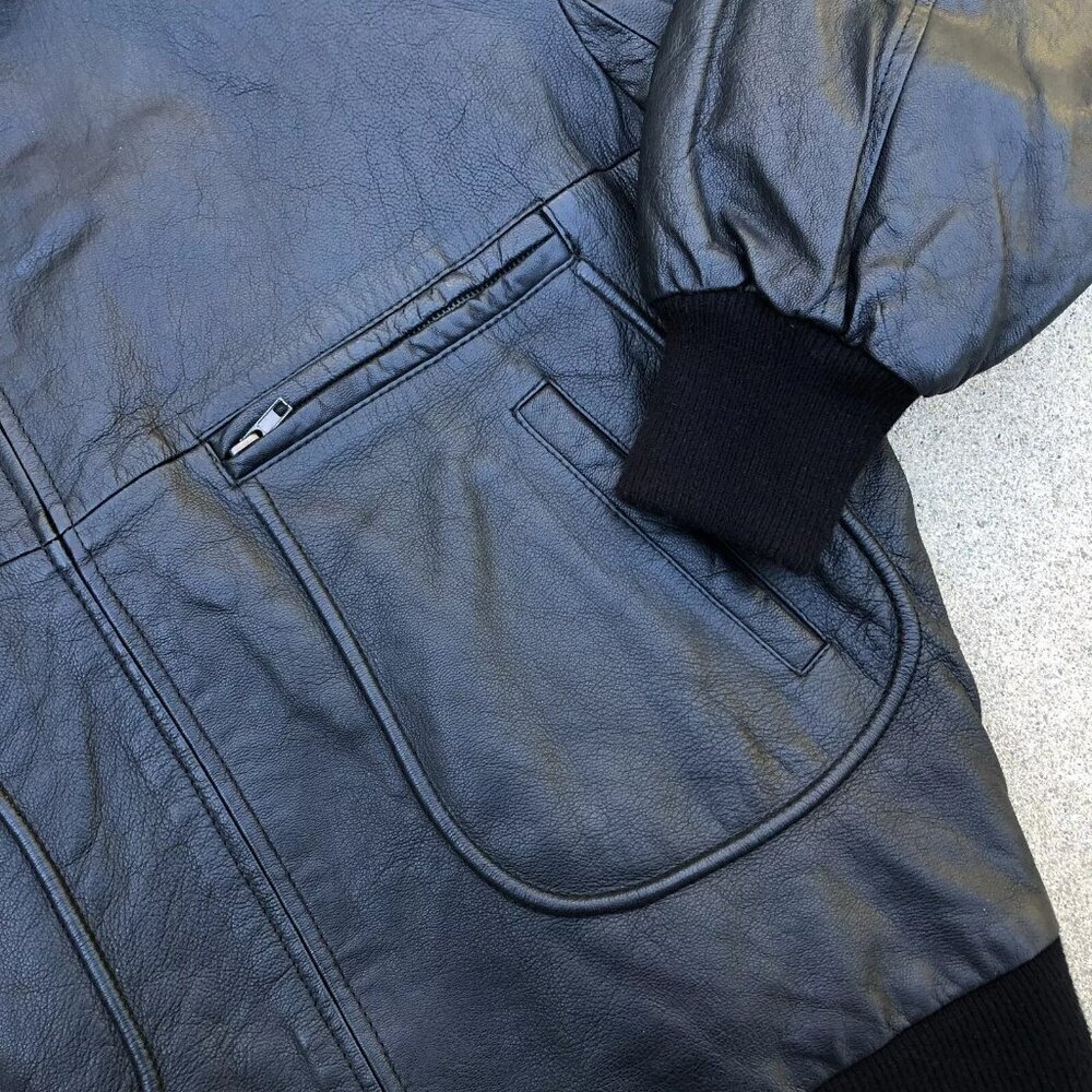 Vintage PHASE 2 Leather Bomber Jacket Men's XL Motorcycle Black Full Zip Coat - Picture 11 of 12